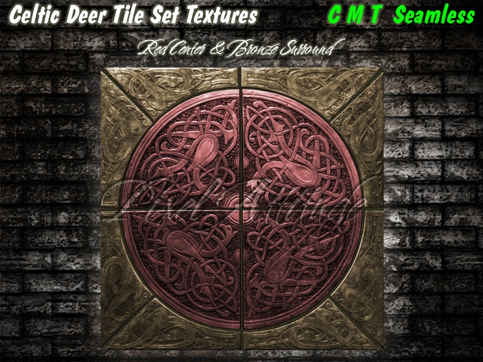 Celtic Deer Tile Set Red Center Bronze Surround 