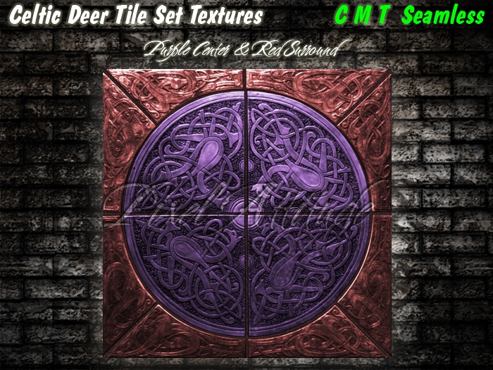 Celtic Deer Tile Set Purple Center Red Surround 