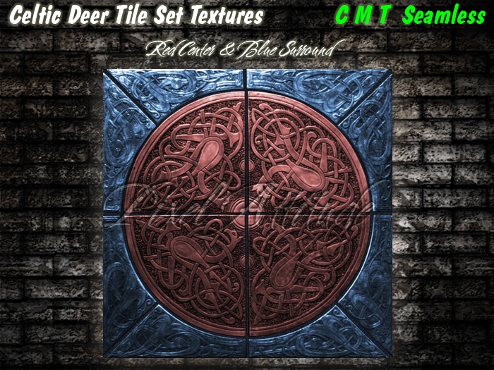 Celtic Deer Tile Set Red Center Blue Surround 