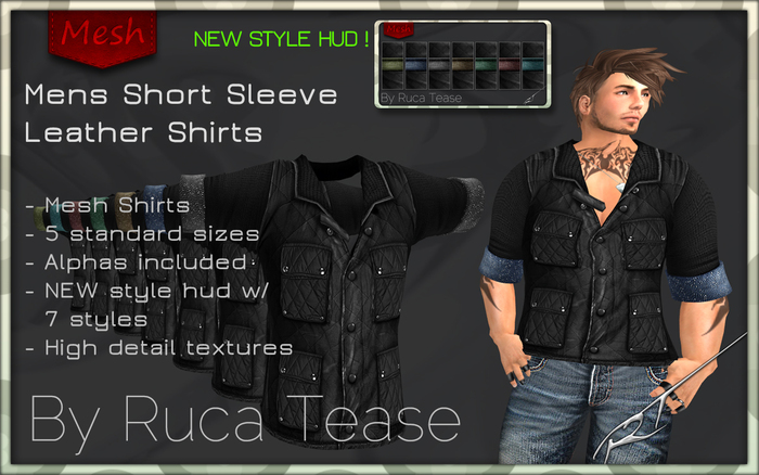 Mens Mesh Short Sleeve Leather Shirt - with HUD by Ruca Tease
