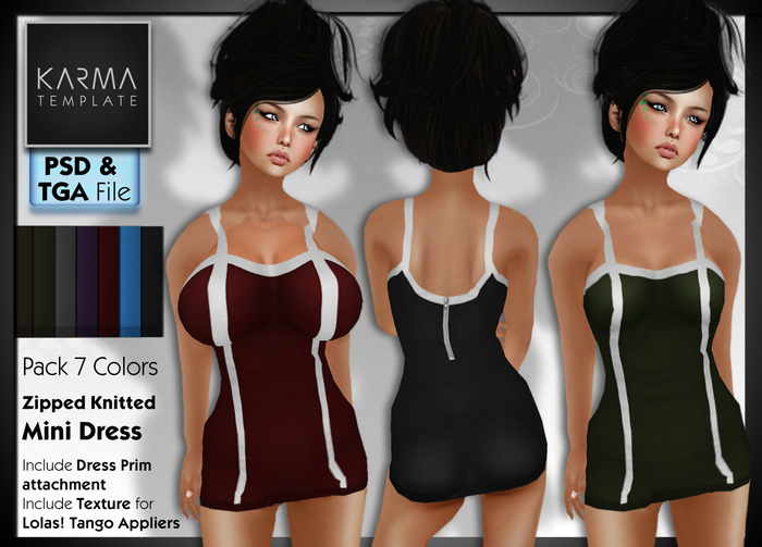 Karma Template - PSD & Tga - Zipped Knit Mini Dress - 7 Colors