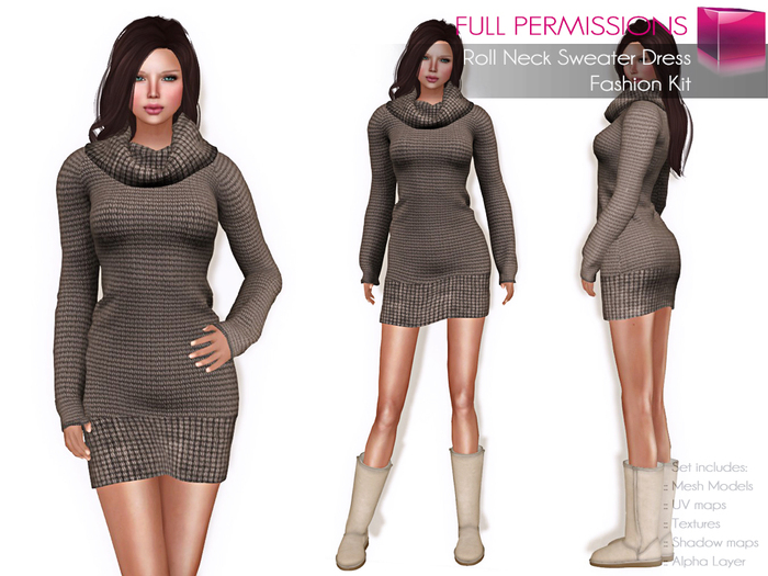 FULL PERM CLASSIC RIGGED MESH Women's Long Sleeve Rolled Neck Sweater Dress - 4 TEXTURES Pink Brown Black Purple