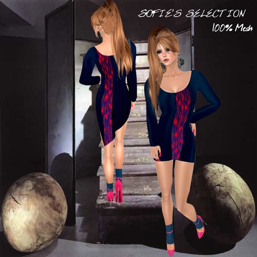 <S> Mesh Long Sleeve Blue Dress