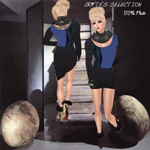 <S> Mesh Long Sleeve Dress ( Dark-Blue)