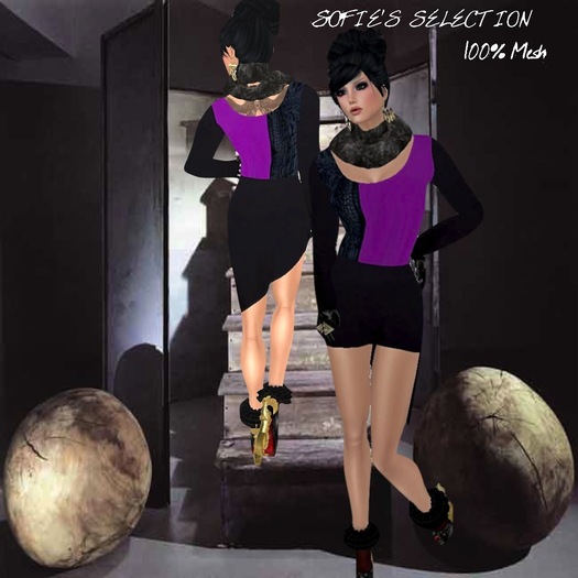 <S> Mesh Long Sleeve Purple Dress