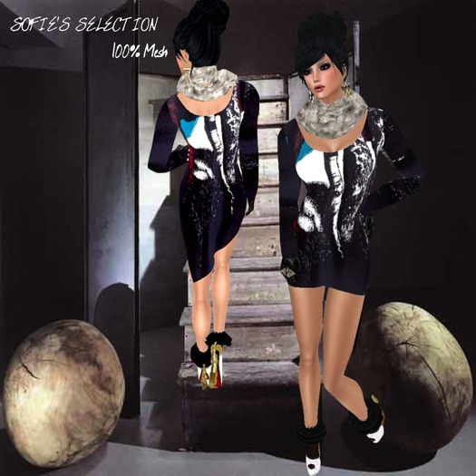 <S> Mesh Long Sleeve Graffiti Dress