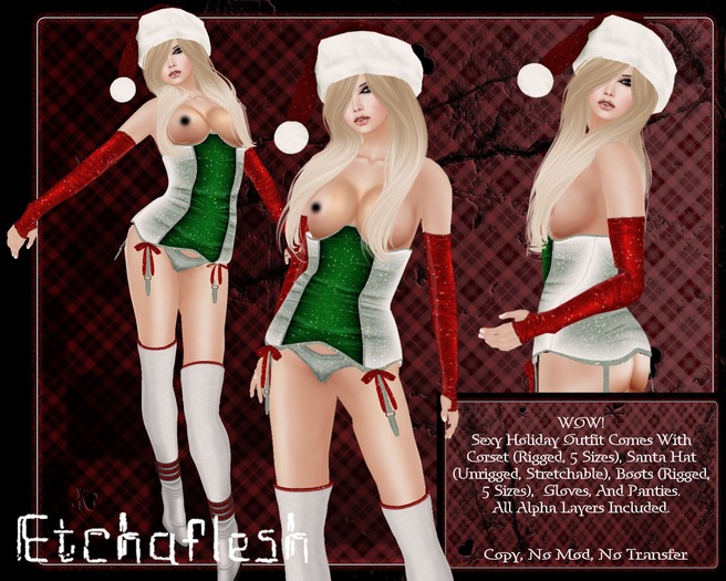 Second Life Marketplace - [Etchaflesh] Naughty Little Elf Holiday Lingerie  Outfit