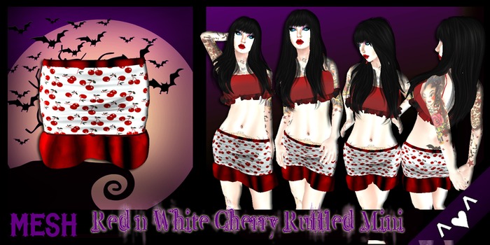 ^v^DRBC^v^ Red and White Cherry Ruffled Mini Skirt