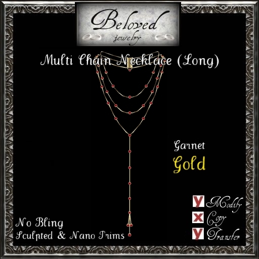 Beloved Jewelry : GOLD Multi Chain Necklace (Long)-Bezel Garnet