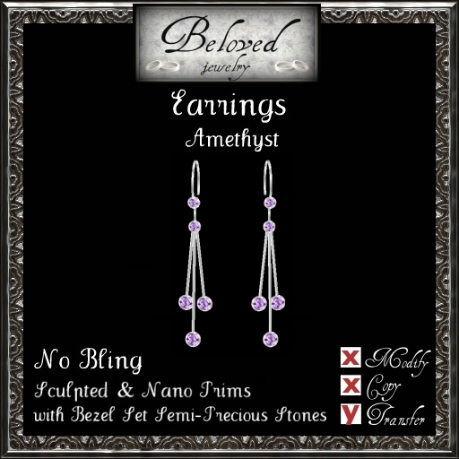 Beloved Jewelry : Silver Dangle Earrings-Bezel Amethyst