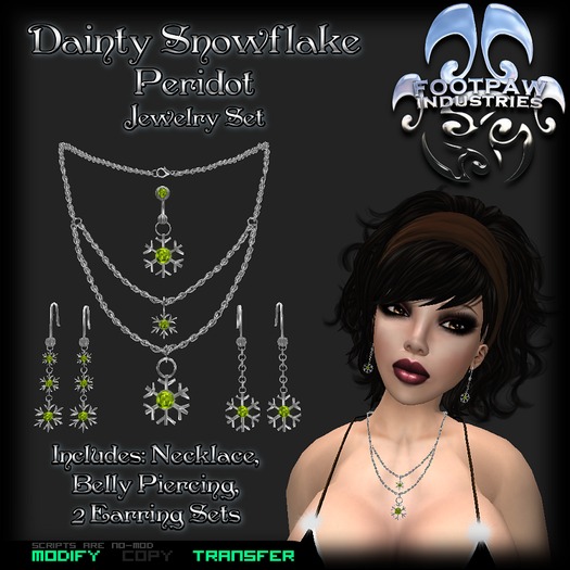 [FPI] Dainty Snowflake Peridot Set - Necklace, 2 Earring Sets & Belly Piercing