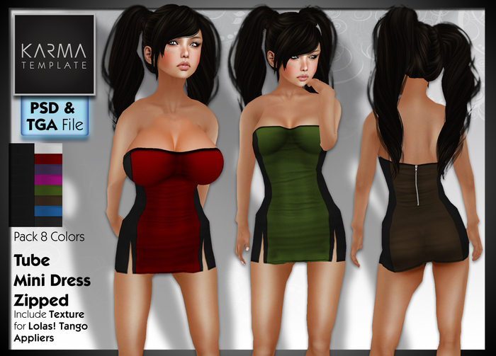 Karma Template - PSD & Tga - Tube Mini Dress Zipped - 8 Colors
