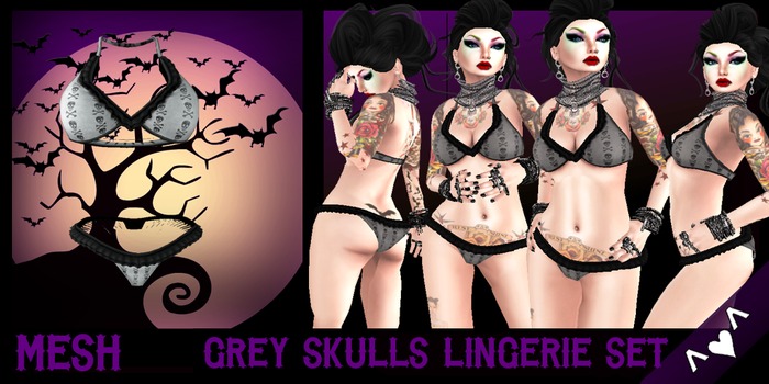 ^v^DRBC^v^Grey Skull Lingerie Set