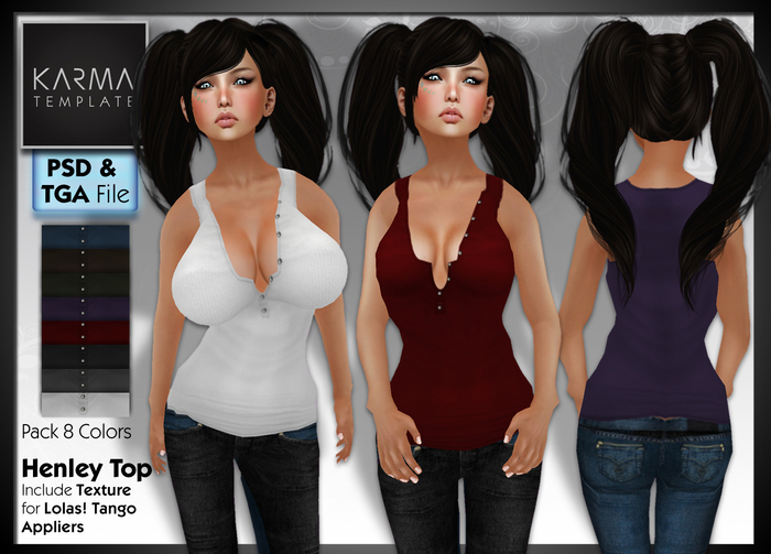 Karma Template - PSD & Tga - Henley Top - 8 Colors