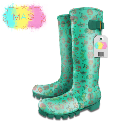 {MAG} Wellington Boots- Owls Acqua 