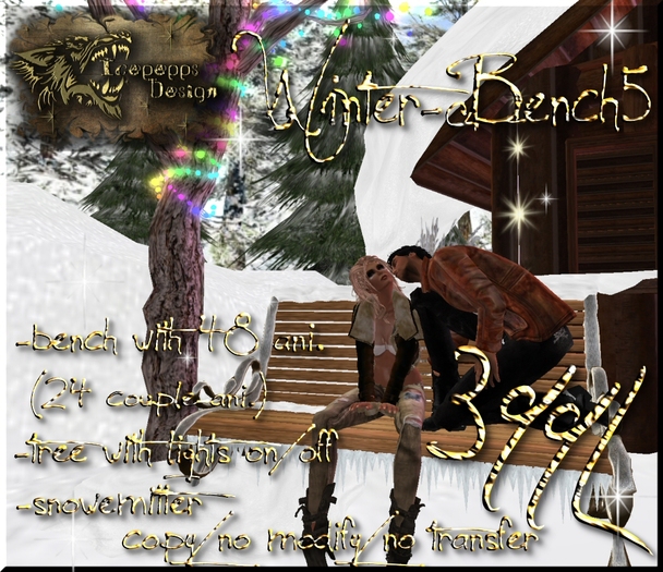 Romantic Winter-Bench with tree (multicolor lights) and snow
