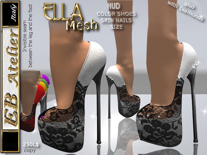 EB Shoes *ELLA* 2 Pairs Mesh Black Lace transparent Pumps (change color) also w/diamonds - italian designer