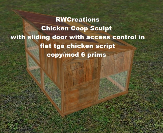 Farm or Ranch Chicken Coop Sculpt with sliding door with access control - 6 prims (boxed)