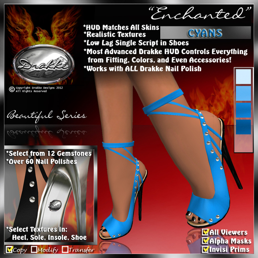 !Drakke! "Enchanted" Stilettos (Cyans)  ~ (works with All Viewers, Includes Alpha Masks & Invisi Prims Options)