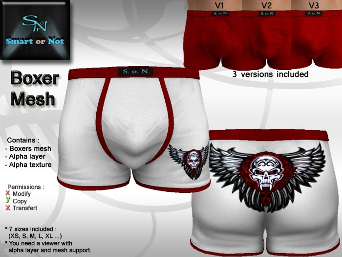 Boxer skull wings white red - MESH