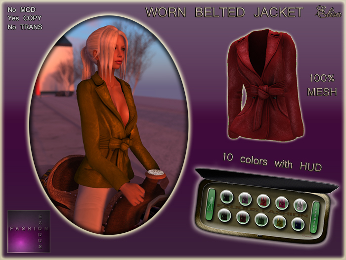 EF - Rigged Mesh - worn belted jacket "Elisa" 10 colors