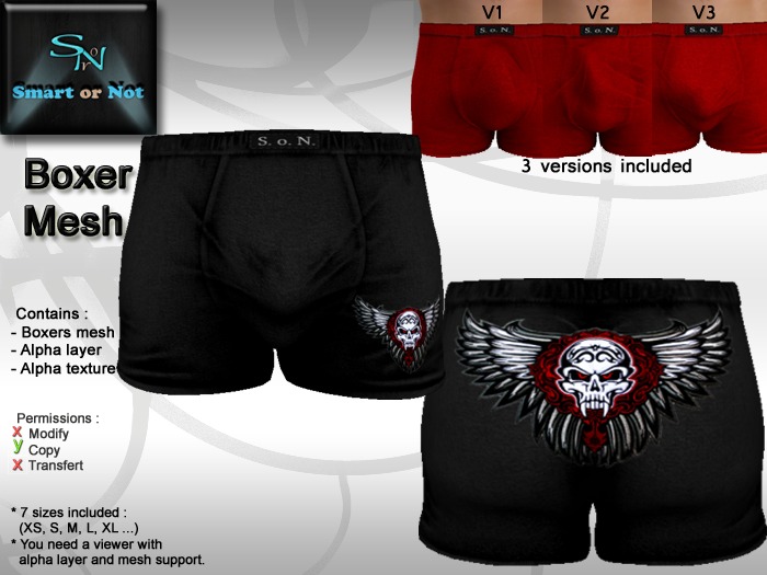 Boxer skull wings black - MESH