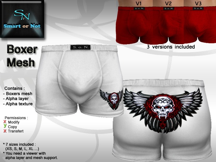 Boxer skull wings white - MESH