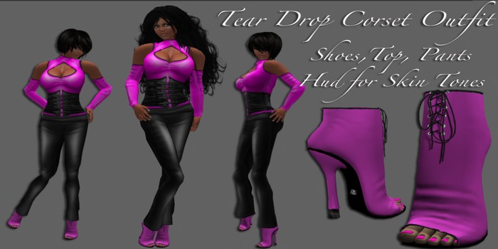 Tear Drop Purple. Pink Corset Set, Leather pants