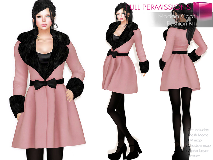 Full Perm Black Fur Large Lapel Swing Thick Wool Overcoat - 2 TEXTURES