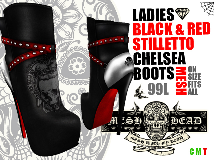 Mesh Head - Black & Red Chelsea Stiletto Skull Ankle Boots