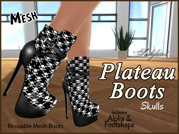 *Soulglitter* Mesh Plateau Boots - Skulls