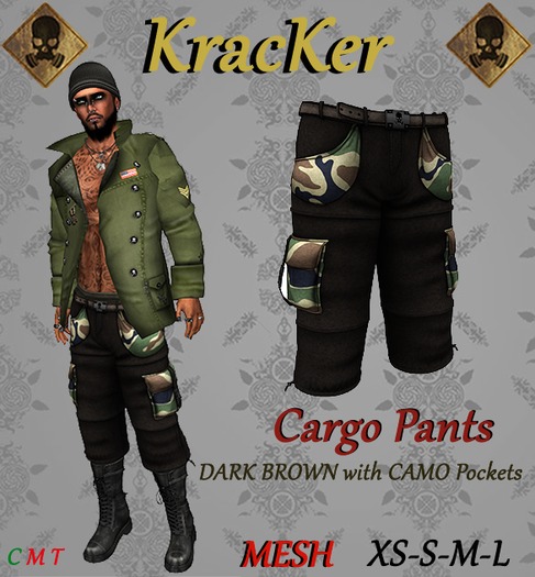 Kracker ~ Cargo Pants ~ Dark Brown w/ Camo Pockets