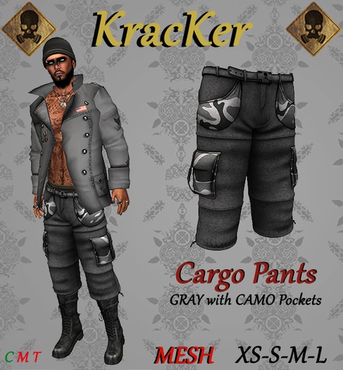 Kracker ~ Cargo Pants ~ Grey w/ Camo Pockets