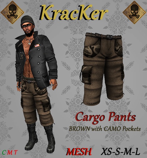 Kracker ~ Cargo Pants ~ Brown w/ Camo Pockets