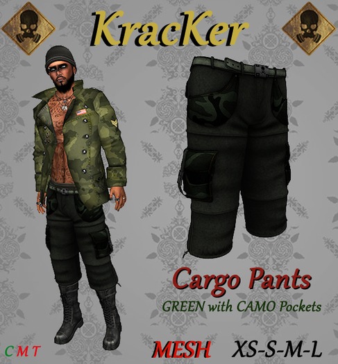 Kracker ~ Cargo Pants ~ Green w/ Camo Pockets