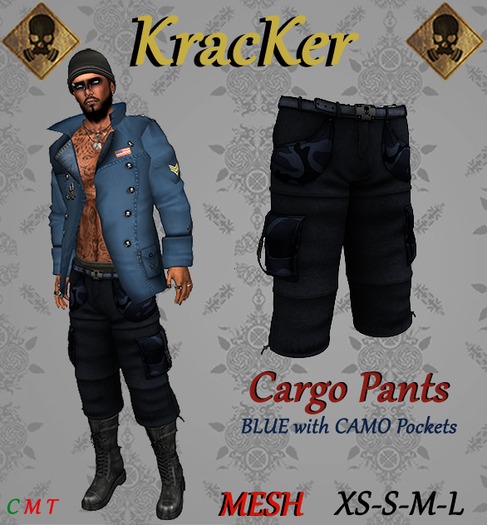 Kracker ~ Cargo Pants ~ Blue w/ Camo Pockets