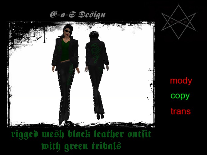 rigged mesh black leather green tribal outfit