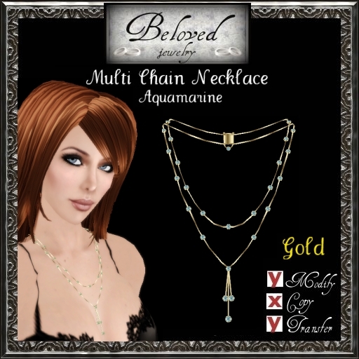 Beloved Jewelry : GOLD Multi Chain Necklace-Bezel Aquamarine
