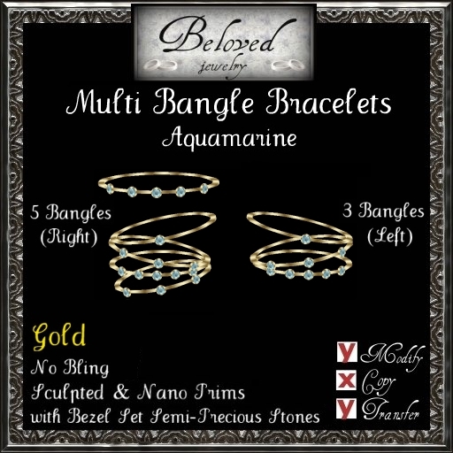 Beloved Jewelry : GOLD Multi Bangle Bracelets-Bezel Aquamarine