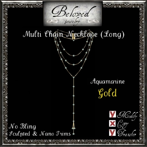 Beloved Jewelry : GOLD Multi Chain Necklace (Long)-Bezel Aquamarine