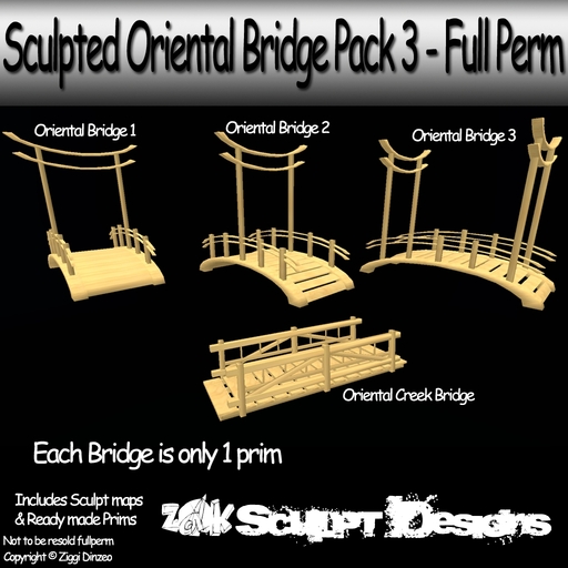 Z@K Sculpted Asian Oriental Bridge Pack 3 - 4 Sculpts - Full Perm - Prefab