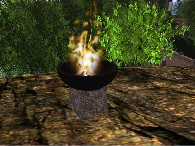 Fire, black culdren. stone base