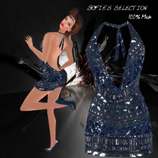 <S> Mesh Halter Blue Dress