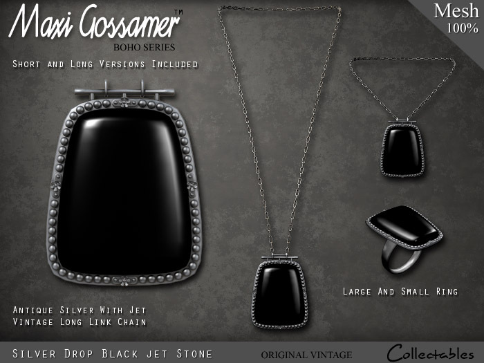 Necklace - Silver Drop Pendant - Jet (V1)
