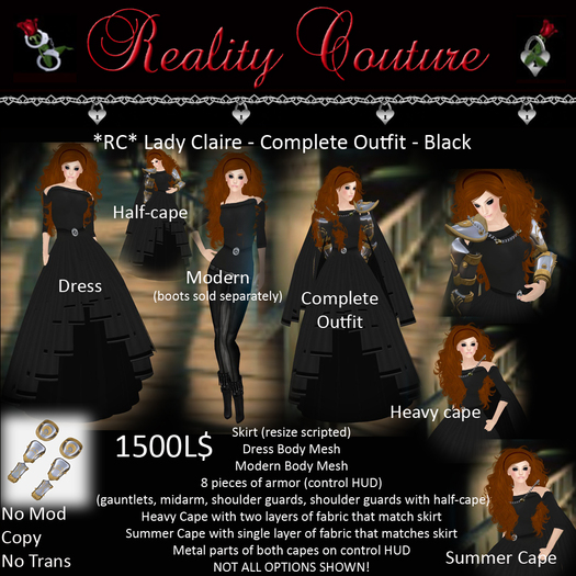 Second Life Marketplace - *RC* Lady Claire's Dress & Armor (P) - Black  (boxed)
