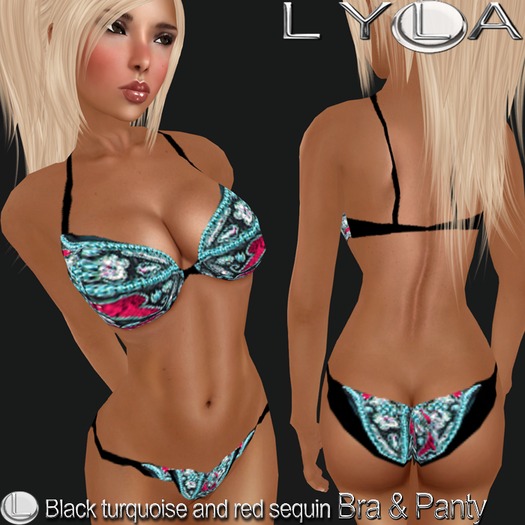 ! Lyla ! - Black Turquoise & Red Gypsy sequin Bra & Panty Set