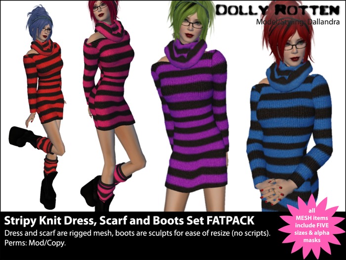 :: Dolly Rotten :: Stripy Knit Dress, Scarf & Boots Set Fatpack