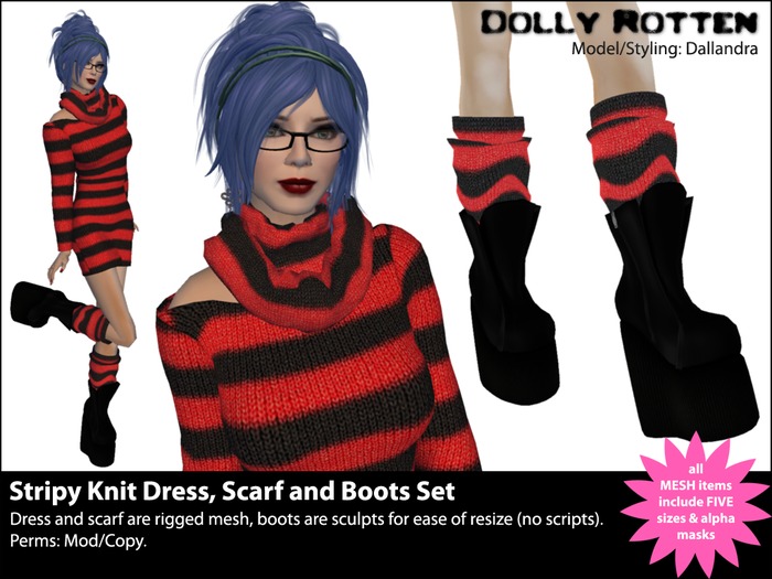 :: Dolly Rotten :: Stripy Knit Dress, Scarf & Boots Set Fatpack