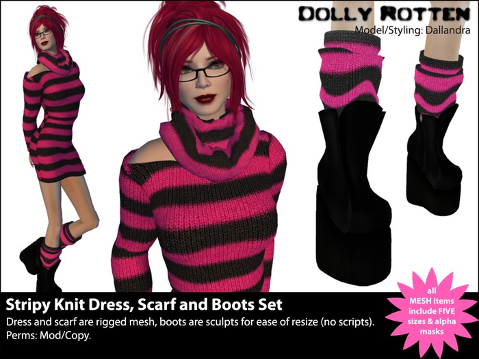 :: Dolly Rotten :: Stripy Knit Dress, Scarf & Boots Set Pink