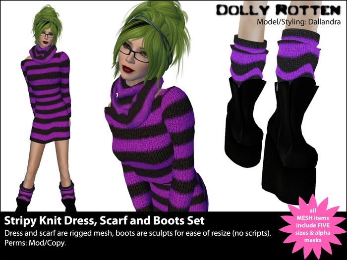 :: Dolly Rotten :: Stripy Knit Dress, Scarf & Boots Set Fatpack